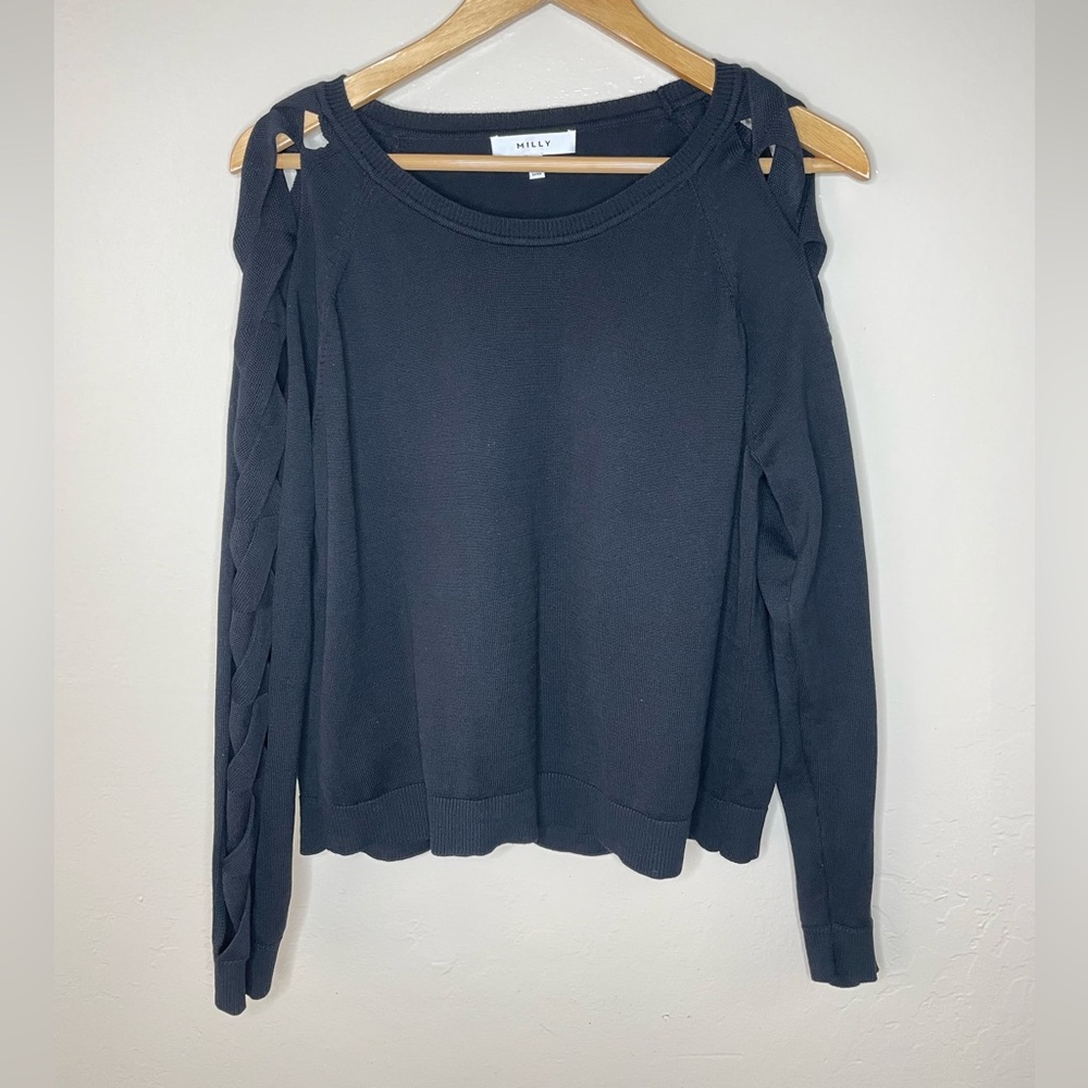 Milly black cotton blend cutout Long Sleeve Pullover Sweater
